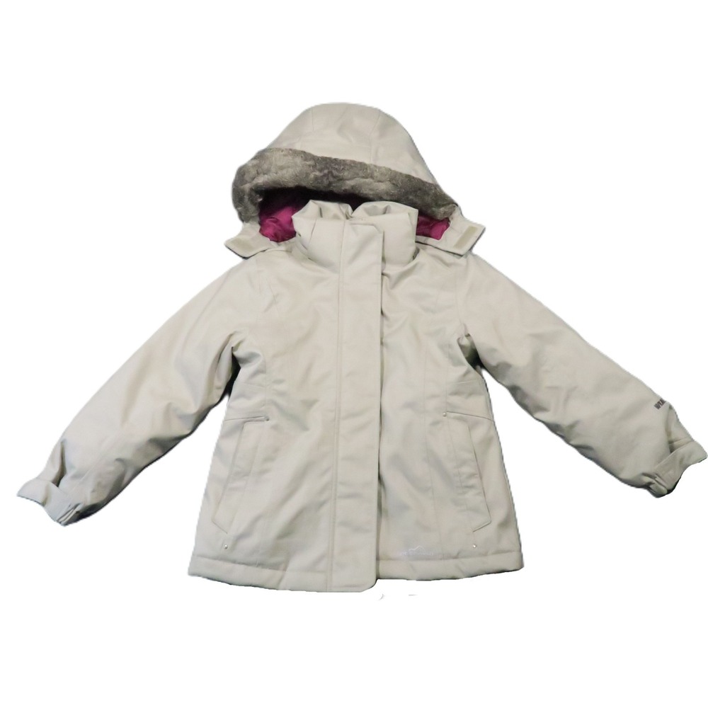 Eddie Bauer Kids Down Filled Coat XS 5/6 Beige Faux Faur Hood WeatherEdge Winter